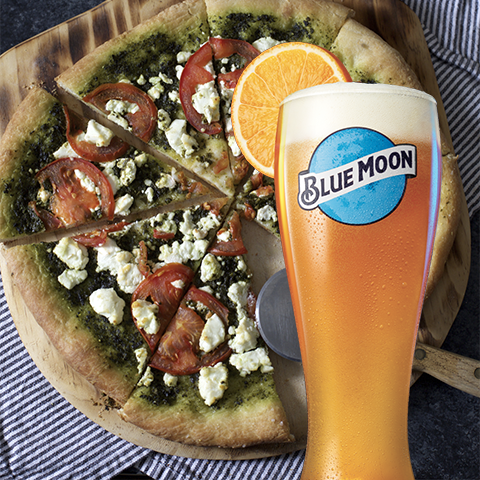 Pesto Pizza with Tomatoes and Goat Cheese and Blue Moon