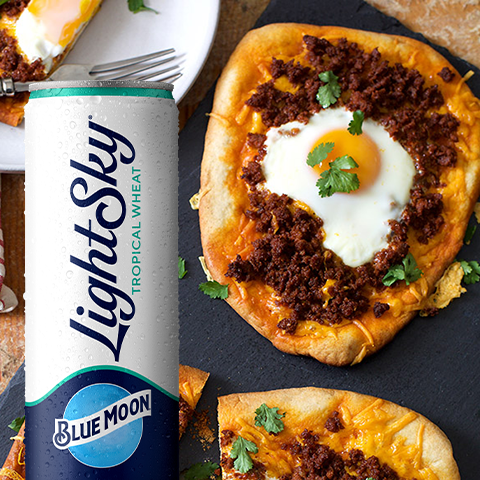 Chorizo Naan Breakfast Pizza and Blue Moon LightSky